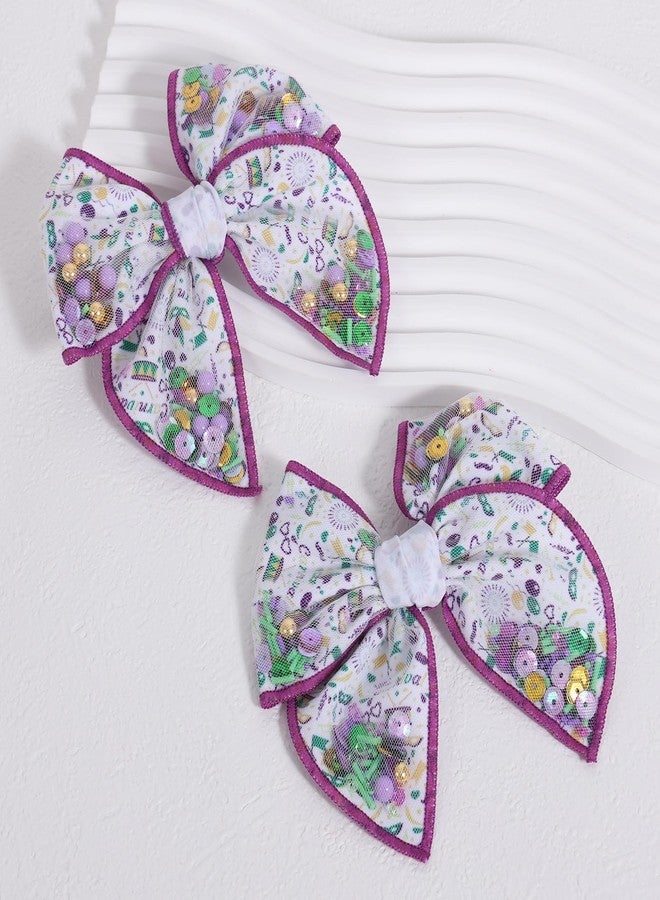 Miroksh Mardi Gras Hair Bow Gift for Girls Women 2pc 4" Mesh Tulle Fable Bow Alligator Clips for Teen Toddler Kids Fat Tuesday Circus Carnival Parade Party Costume outfit Decor Accessory - Image 2